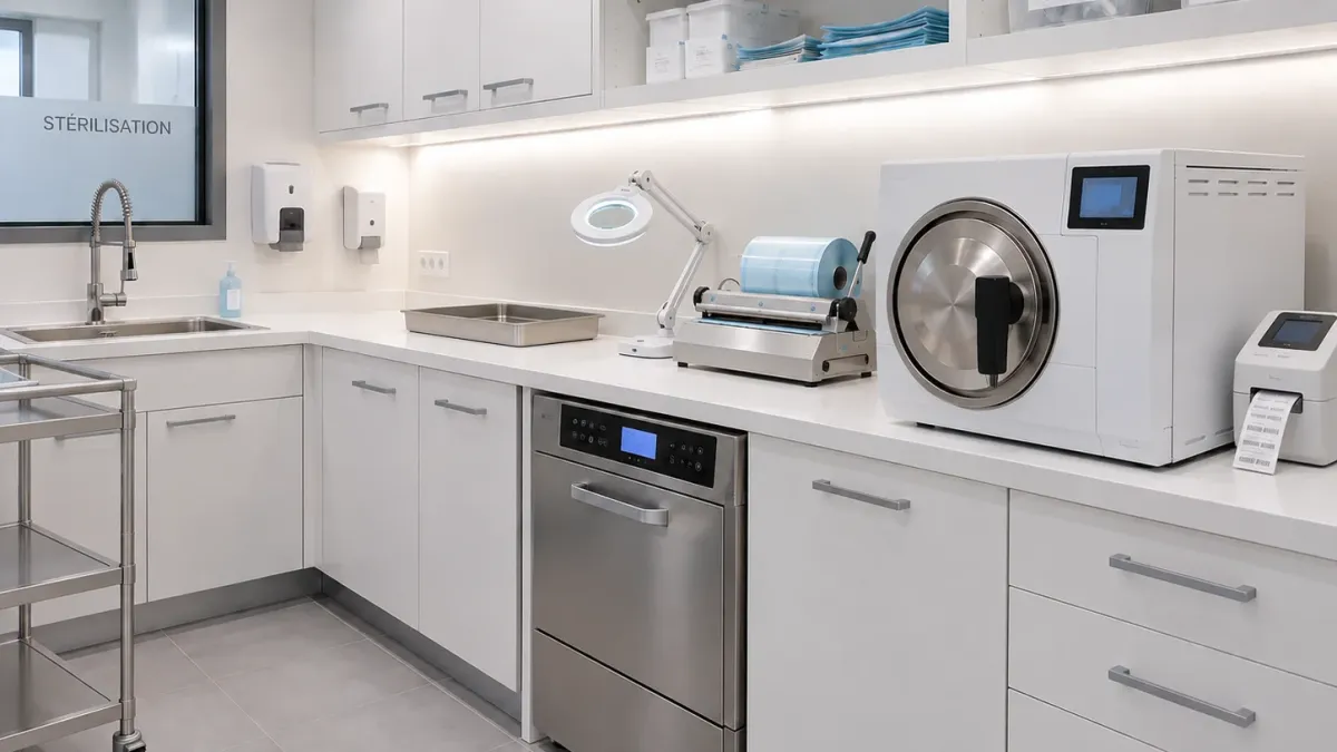 Salle de stérilisation d’un cabinet dentaire avec autoclave, soudeuse, thermodésinfecteur et imprimante d’étiquettes