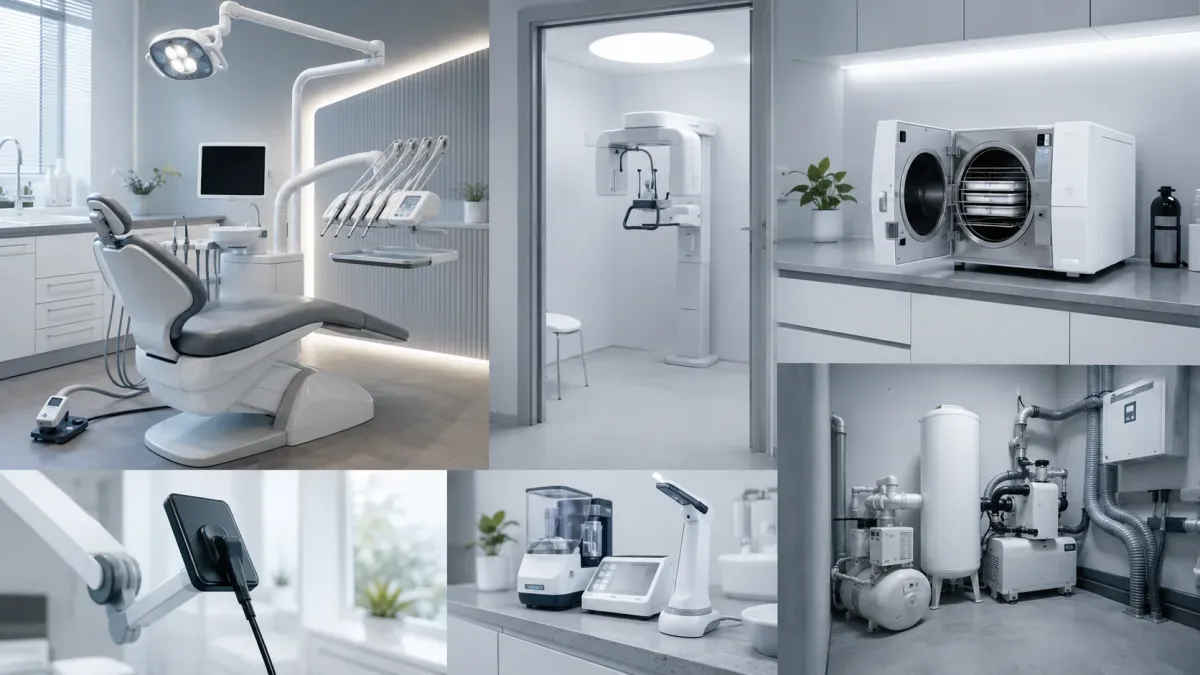 Équipements d’un centre de santé dentaire : fauteuil, radiographie panoramique, autoclave, capteur, petit matériel et local technique
