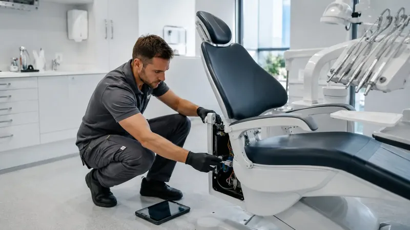 Technicien intervenant sur un fauteuil dentaire, tablette au sol